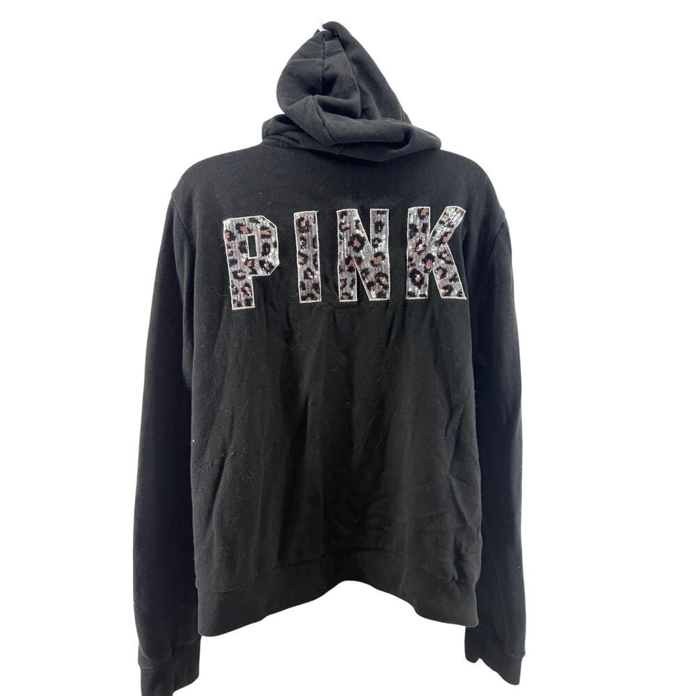 Victoria's Secret Pink Dog Logo Leopard Sequins Bling Black Full Zip Hoodie
